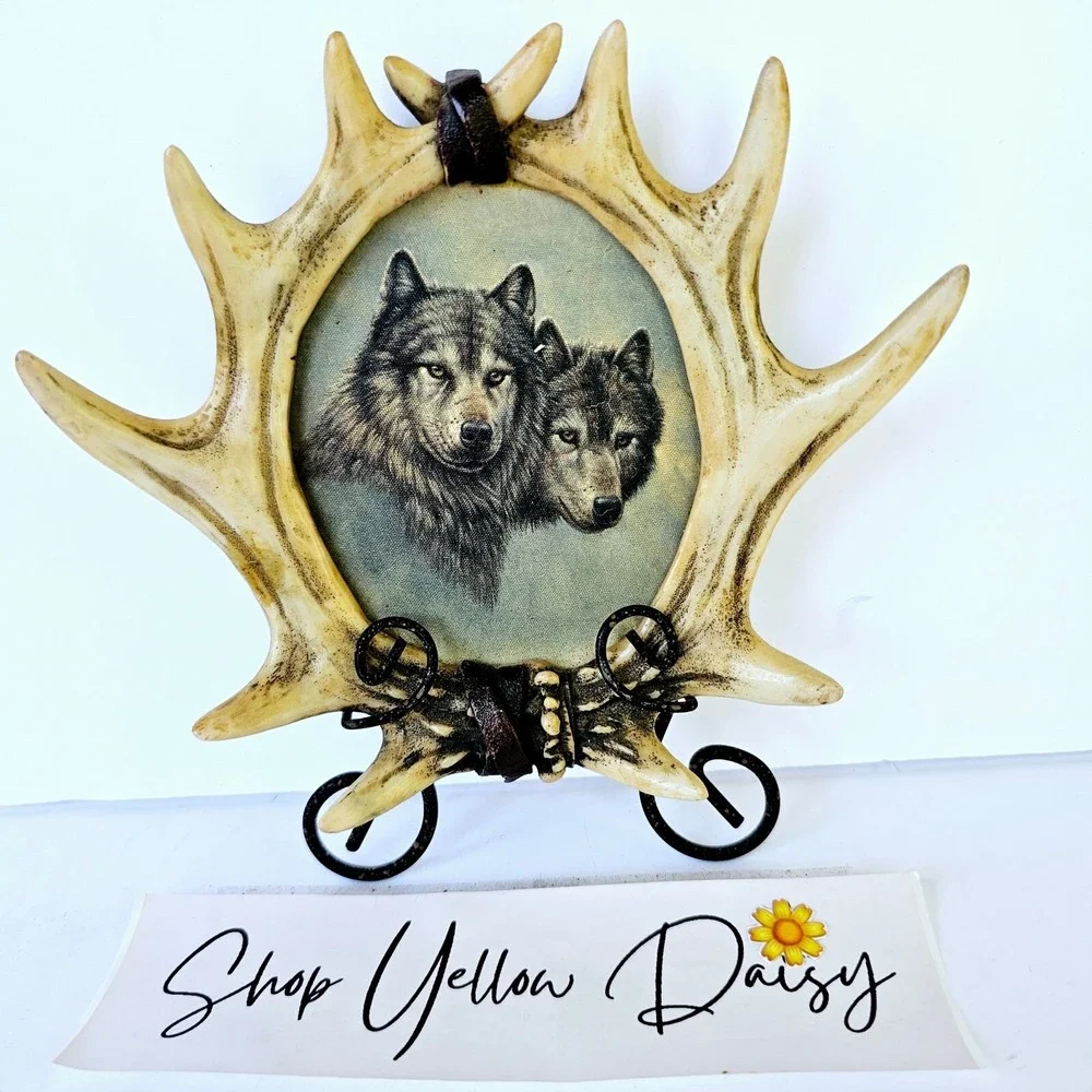 Rustic Western Wolf Antler Horn Photo Picture Frame Resin Leather Accents M537.1